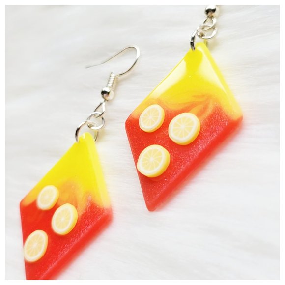 Strawberry Lemonade Earrings Yellow and Pinkish Red Lemon Dangle Earrings - Picture 5 of 10